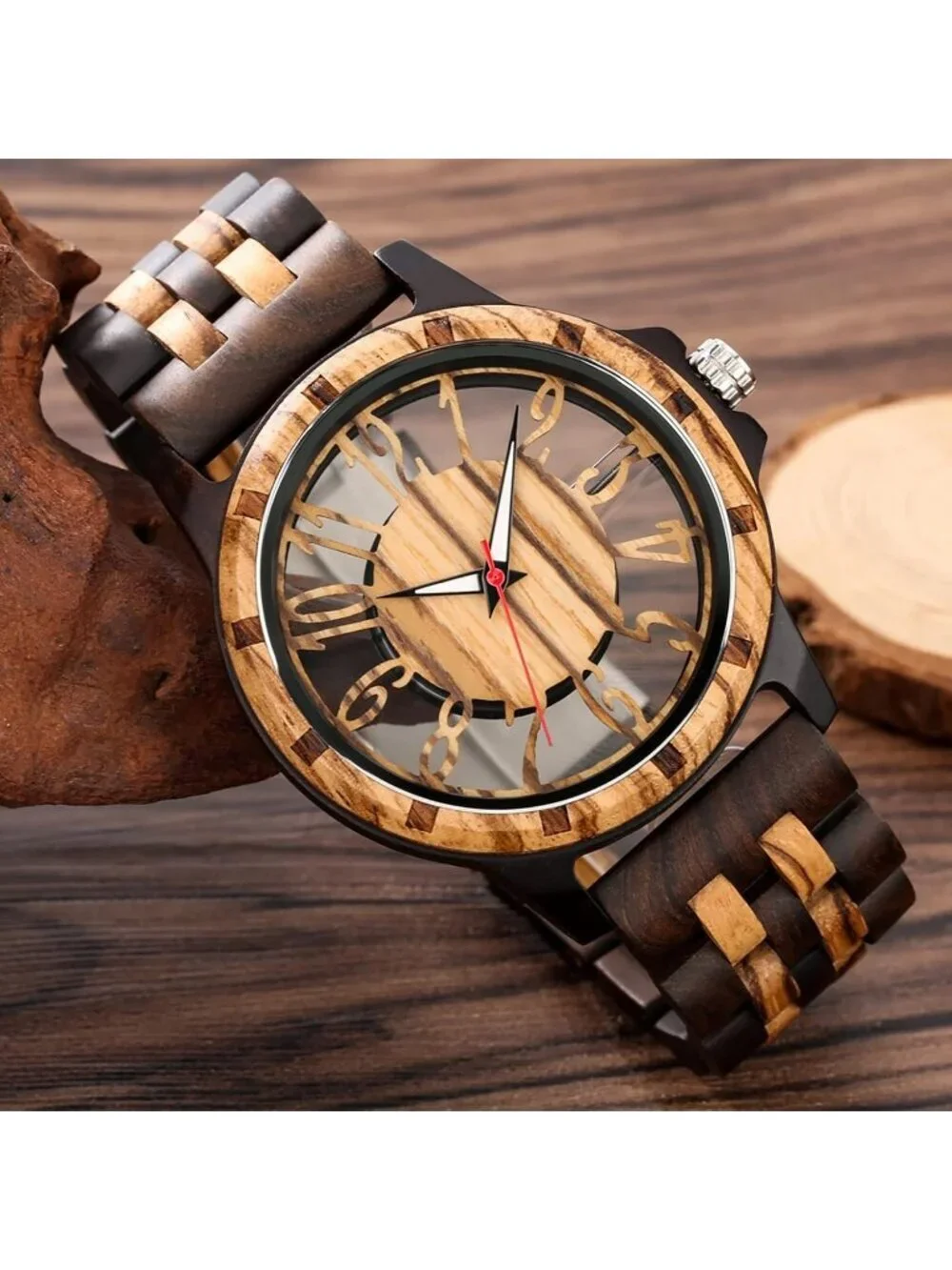 Mens Dark Brown Quartz Ebony Zebra Fold over Clasp Wood Strap Round Wooden Watch